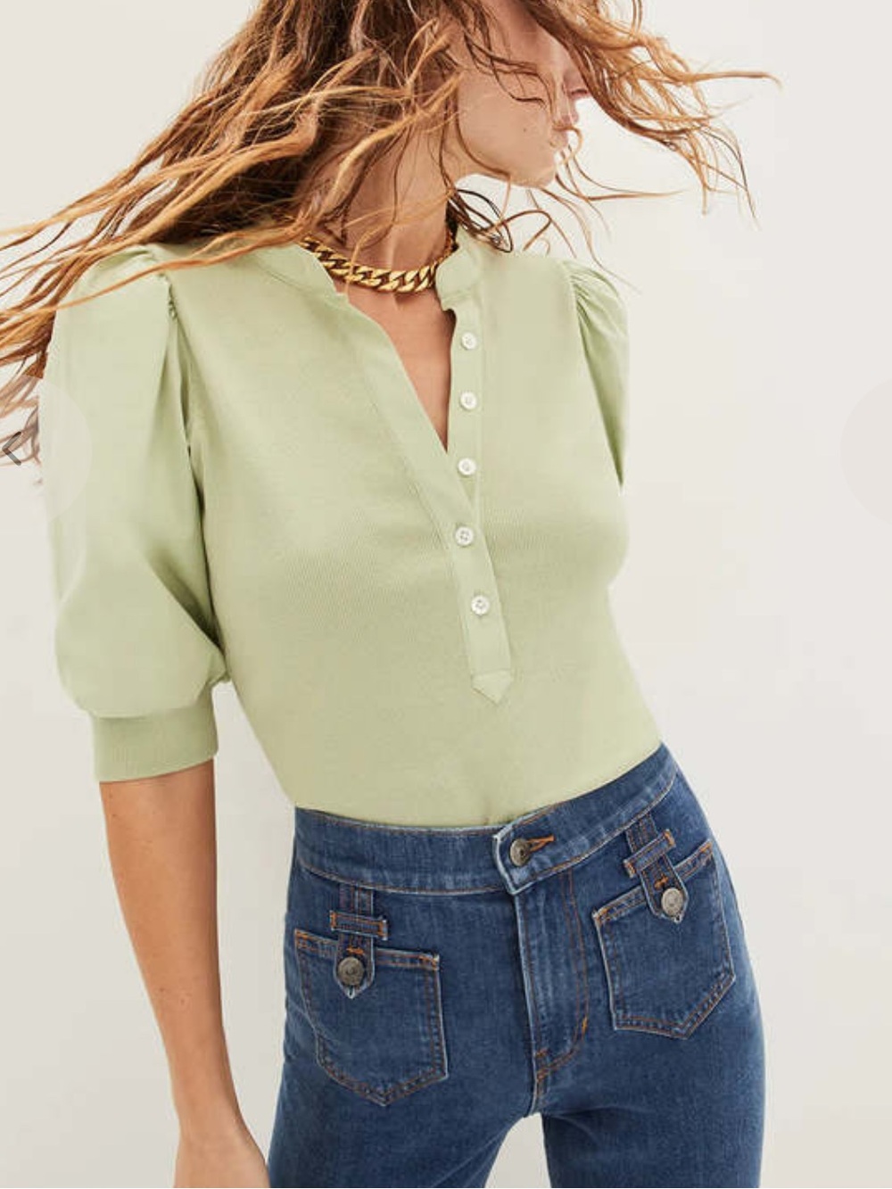 Veronica Beard Coralee Top Sage Olive green Balloon Puff Sleeve Henley